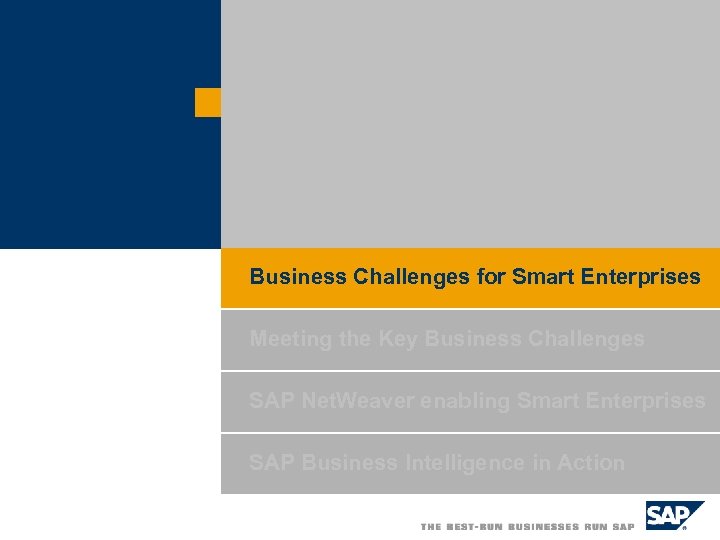 Business Challenges for Smart Enterprises Meeting the Key Business Challenges SAP Net. Weaver enabling