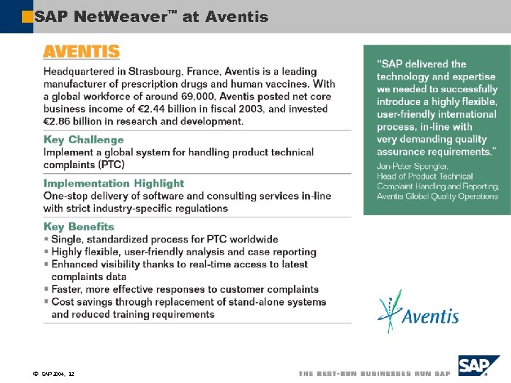 SAP Net. Weaver™ at Aventis ã SAP 2004, 32 