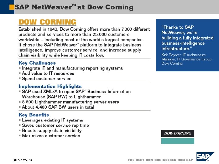 SAP Net. Weaver™ at Dow Corning ã SAP 2004, 33 