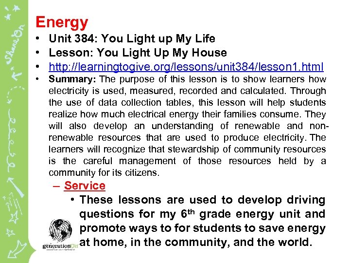 Energy • Unit 384: You Light up My Life • Lesson: You Light Up