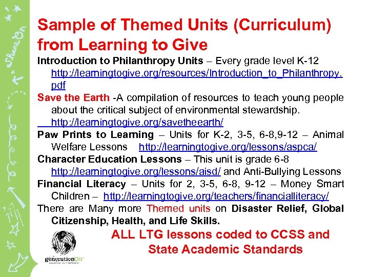 Sample of Themed Units (Curriculum) from Learning to Give Introduction to Philanthropy Units –
