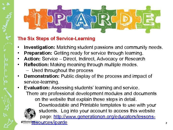 The Six Steps of Service-Learning • • Investigation: Matching student passions and community needs.