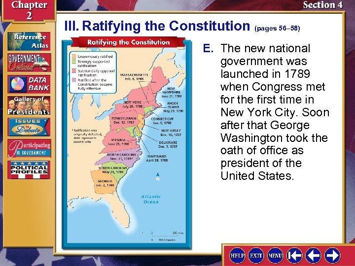 III. Ratifying the Constitution (pages 56– 58) E. The new national government was launched