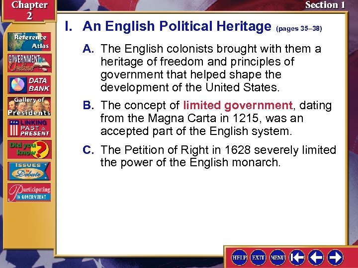 I. An English Political Heritage (pages 35– 38) A. The English colonists brought with