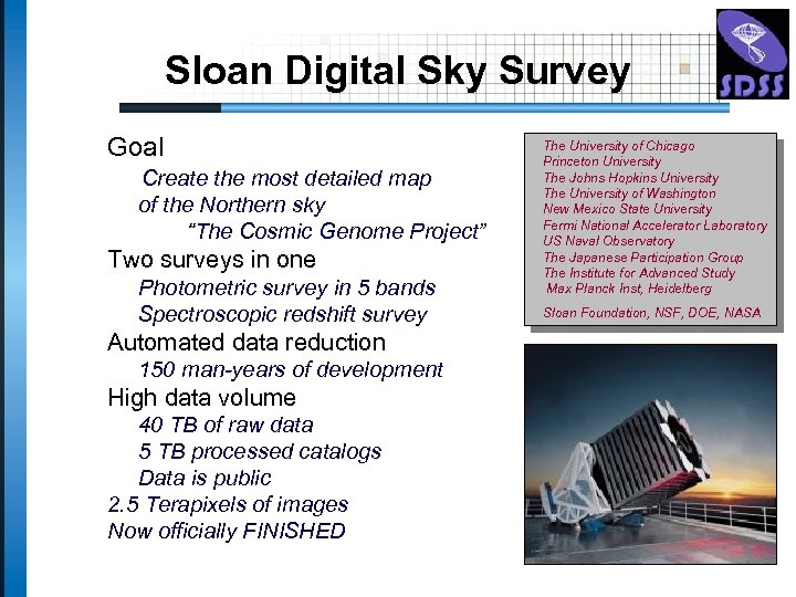 Sloan Digital Sky Survey Goal Create the most detailed map of the Northern sky