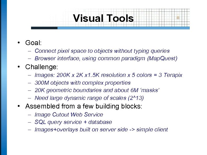 Visual Tools • Goal: – Connect pixel space to objects without typing queries –