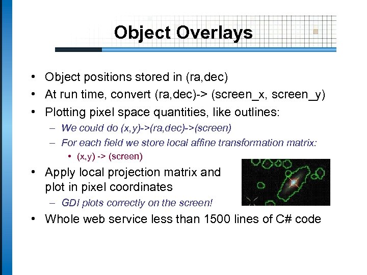 Object Overlays • Object positions stored in (ra, dec) • At run time, convert