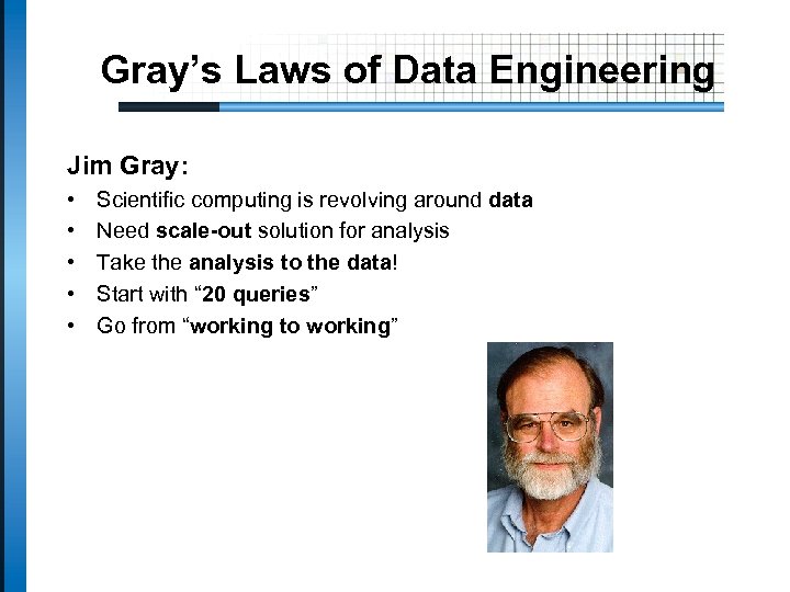 Gray’s Laws of Data Engineering Jim Gray: • • • Scientific computing is revolving