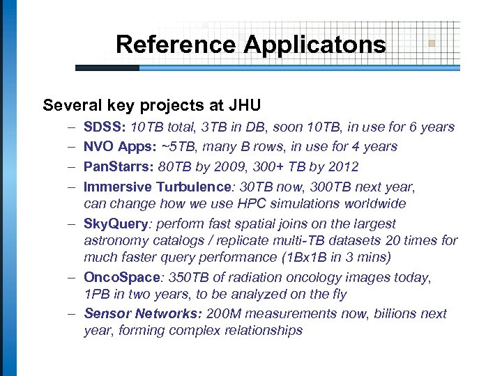 Reference Applicatons Several key projects at JHU – – SDSS: 10 TB total, 3