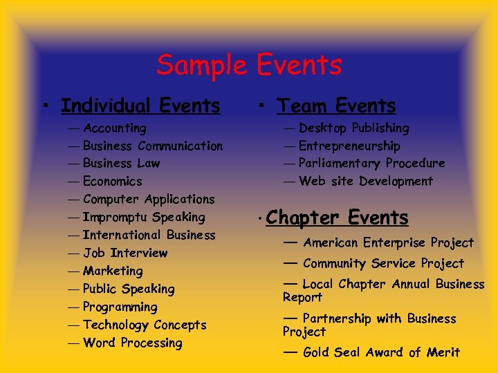 Sample Events • Individual Events ― Accounting ― Business Communication ― Business Law ―