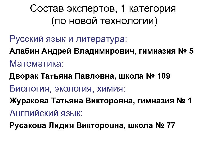 Состав экспертов, 1 категория (по новой технологии) Русский язык и литература: Алабин Андрей Владимирович,