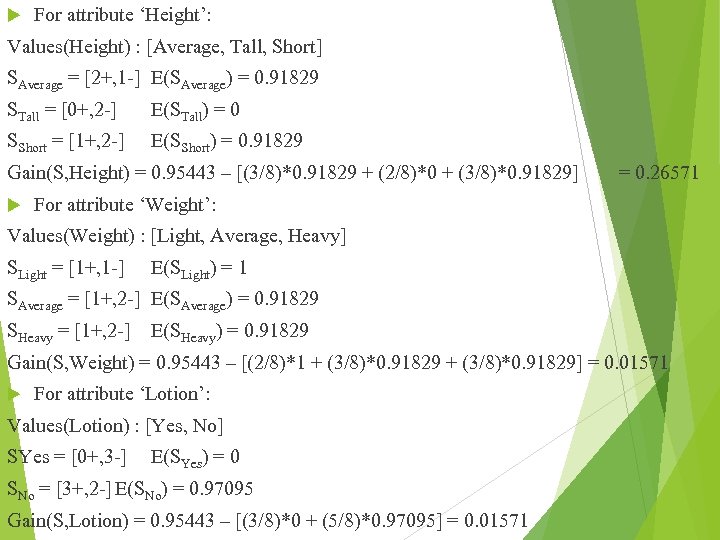  For attribute ‘Height’: Values(Height) : [Average, Tall, Short] SAverage = [2+, 1 -]