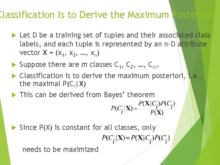 Classification Is to Derive the Maximum Posteriori Let D be a training set of