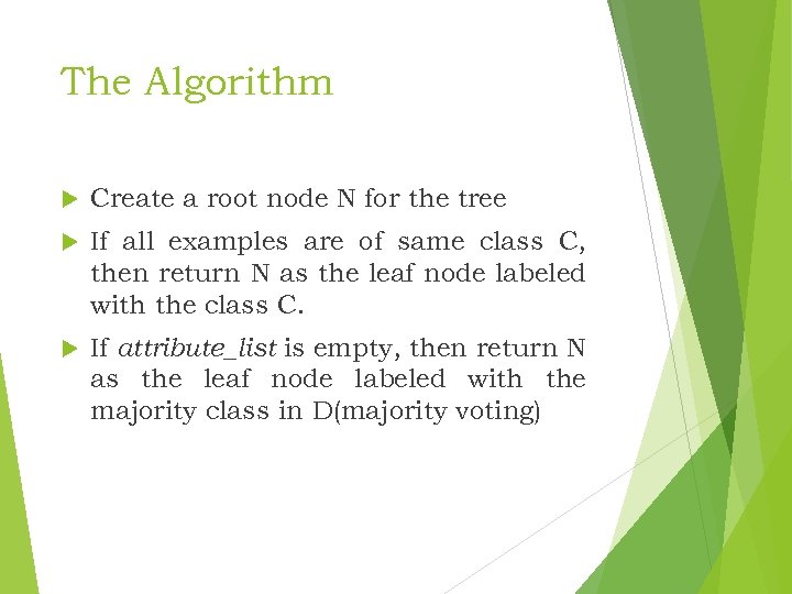 The Algorithm Create a root node N for the tree If all examples are