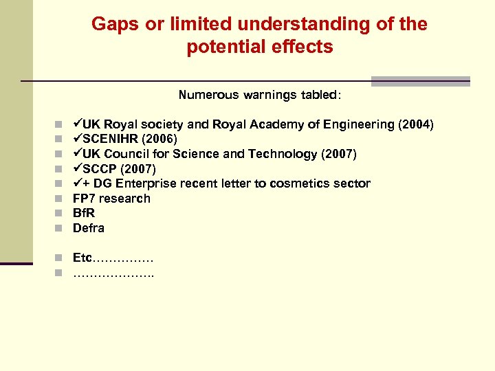 Gaps or limited understanding of the potential effects Numerous warnings tabled: n n n