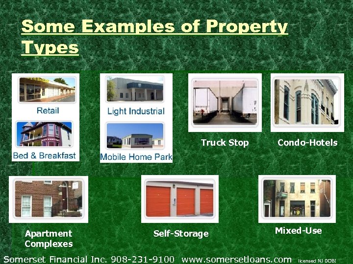 Some Examples of Property Types Truck Stop Apartment Complexes Self-Storage Condo-Hotels Mixed-Use Somerset Financial