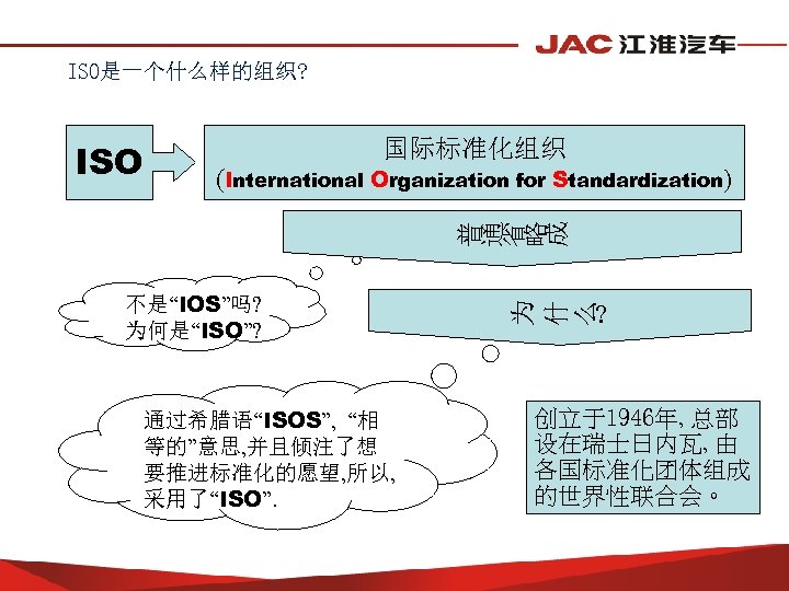 ISO是一个什么样的组织? 国际标准化组织 (International Organization for Standardization) 普 通 省 略 成 ISO 通过希腊语“ISOS”, “相