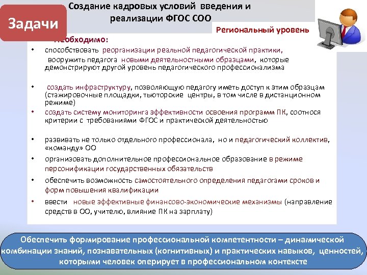 Задачи Создание кадровых условий введения и реализации ФГОС СОО Региональный уровень • Необходимо: •