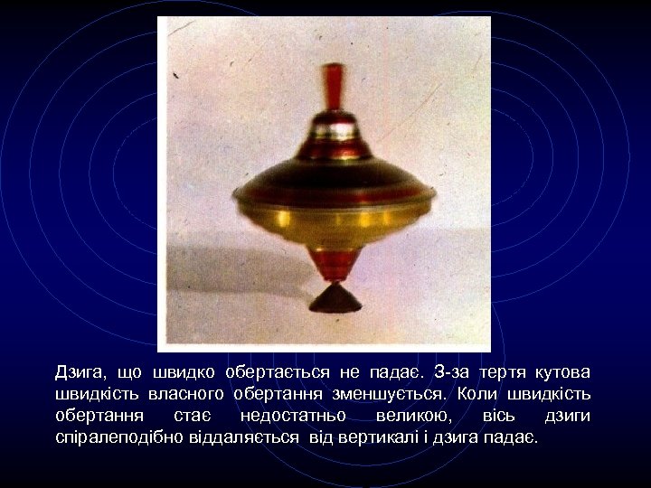 Дзига, що швидко обертається не падає. З-за тертя кутова швидкість власного обертання зменшується. Коли