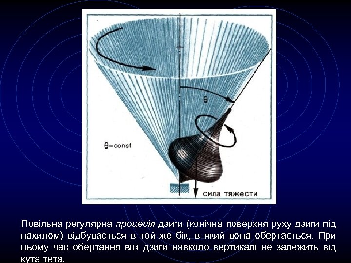 Повільна регулярна процесія дзиги (конічна поверхня руху дзиги під нахилом) відбувається в той же