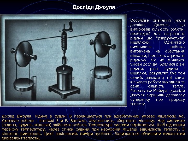 Досліди Джоуля Особливе значення мали досліди Джоуля, що вимірював кількість роботи, необхідної для нагрівання