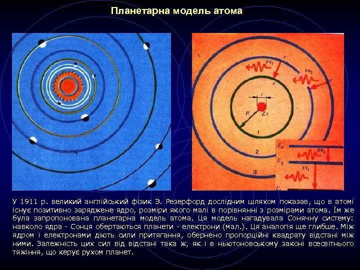 Планетарна модель атома У 1911 р. великий англійський фізик Э. Резерфорд дослідним шляхом показав,