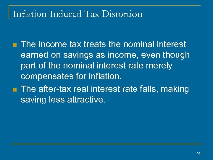 Inflation-Induced Tax Distortion n n The income tax treats the nominal interest earned on