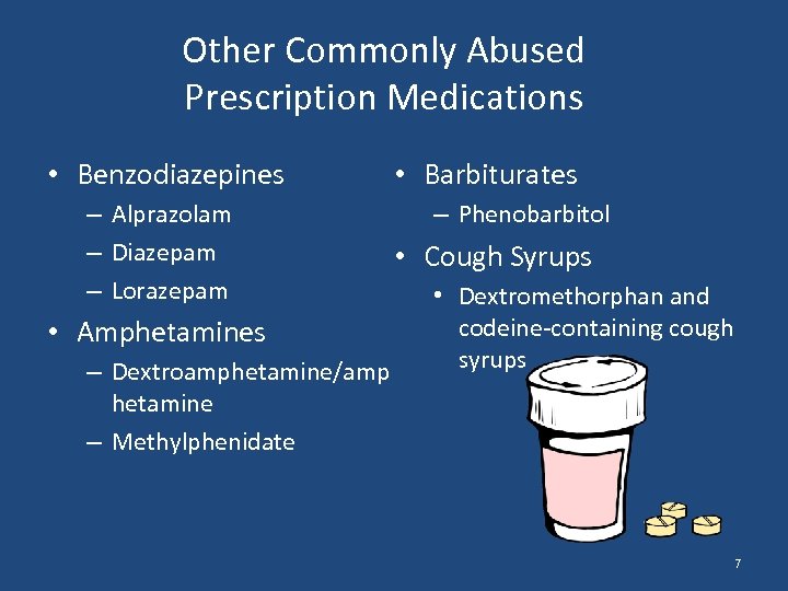 Other Commonly Abused Prescription Medications • Benzodiazepines – Alprazolam – Diazepam – Lorazepam •
