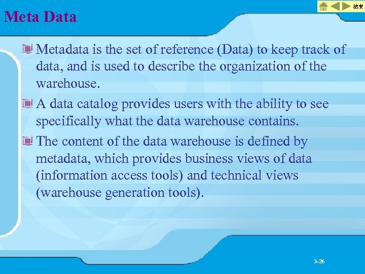 結束 Meta Data Metadata is the set of reference (Data) to keep track of