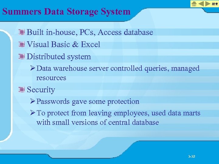 結束 Summers Data Storage System Built in-house, PCs, Access database Visual Basic & Excel