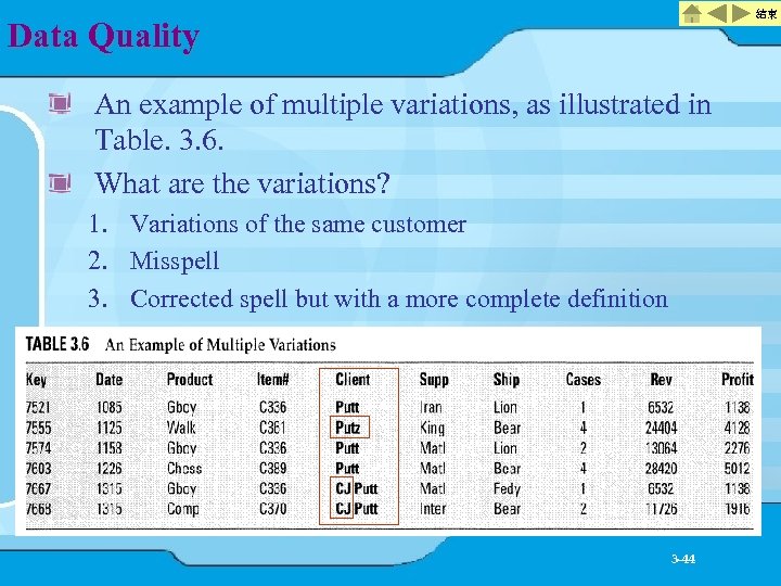 結束 Data Quality An example of multiple variations, as illustrated in Table. 3. 6.