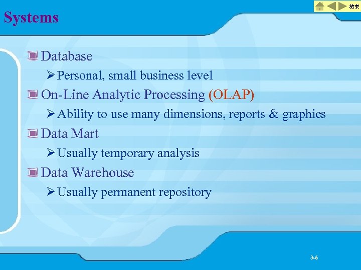 結束 Systems Database Ø Personal, small business level On-Line Analytic Processing (OLAP) Ø Ability