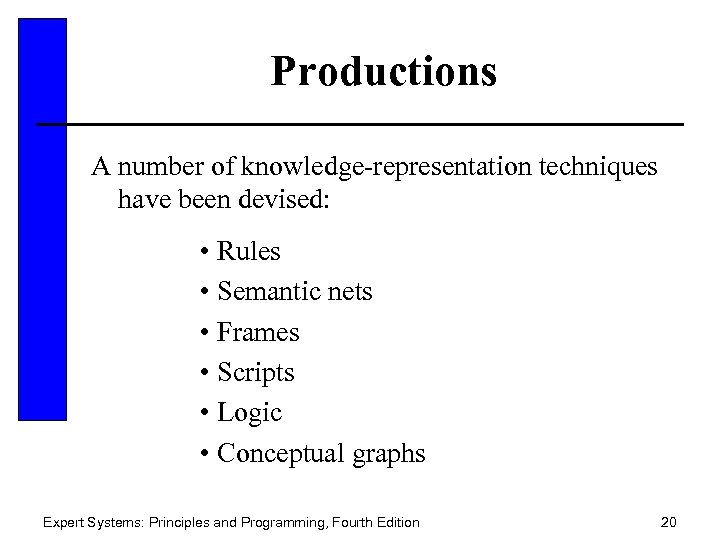 Productions A number of knowledge-representation techniques have been devised: • Rules • Semantic nets