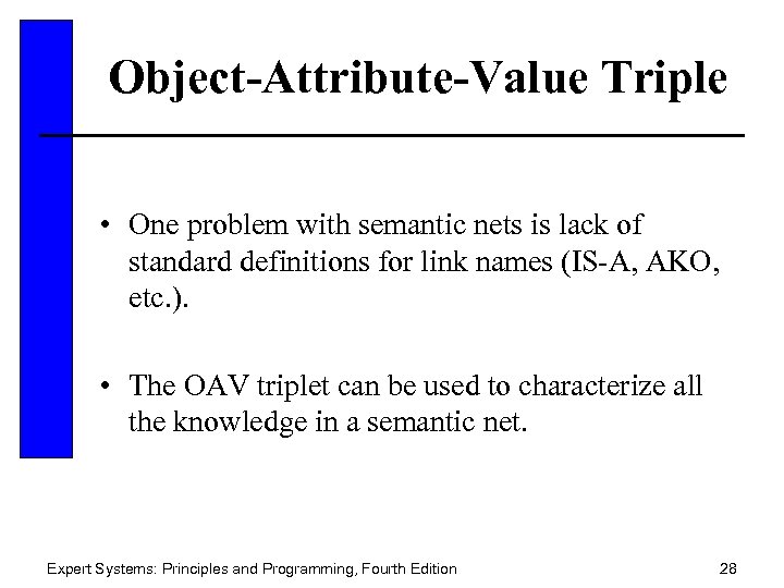 Object-Attribute-Value Triple • One problem with semantic nets is lack of standard definitions for