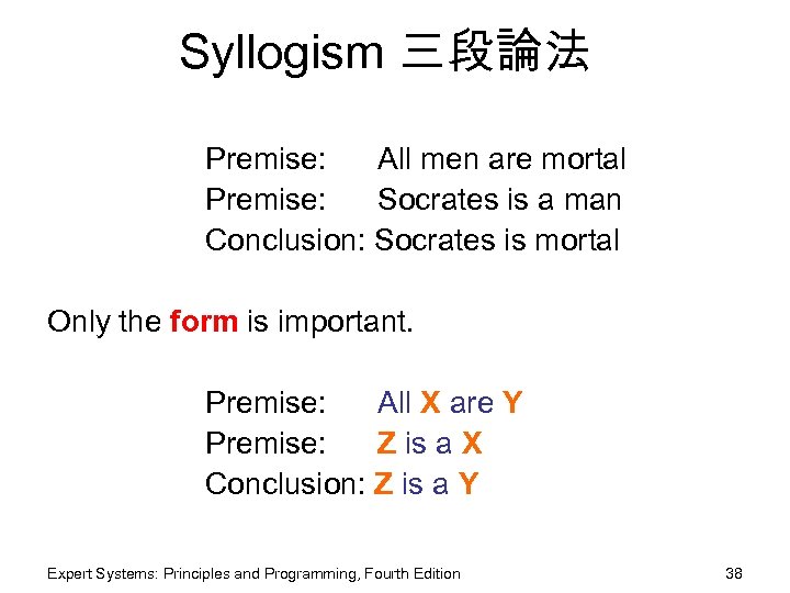 Syllogism 三段論法 Premise: All men are mortal Premise: Socrates is a man Conclusion: Socrates