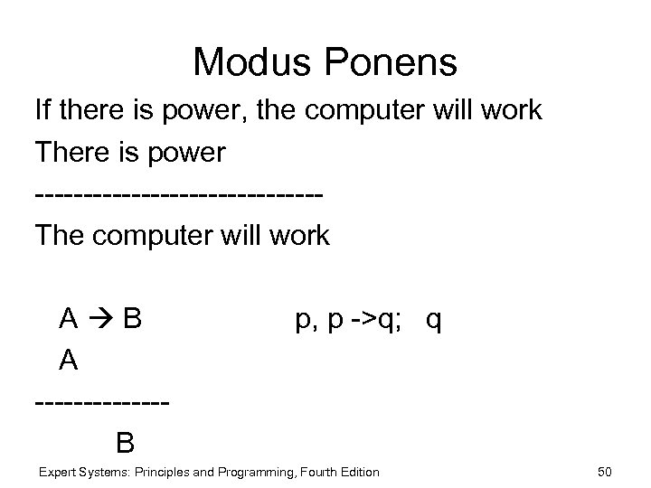 Modus Ponens If there is power, the computer will work There is power ---------------The