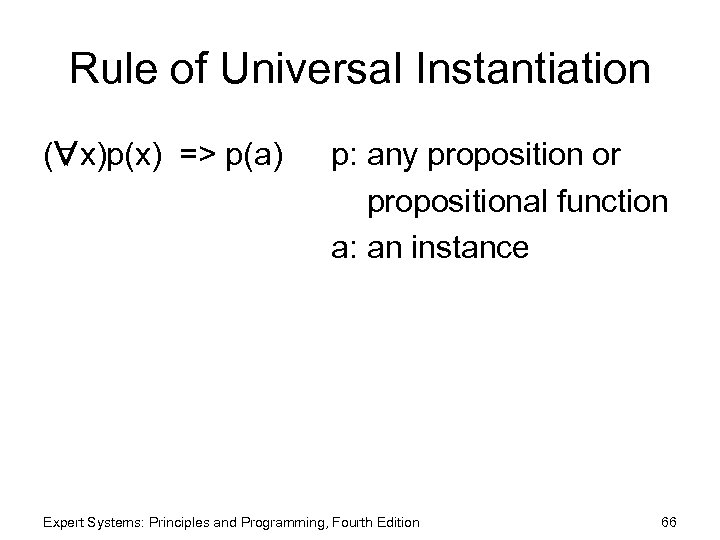 Rule of Universal Instantiation ( x)p(x) => p(a) p: any proposition or propositional function