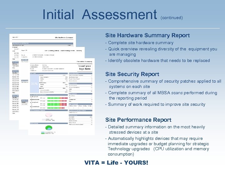 Initial Assessment (continued) Site Hardware Summary Report - Complete site hardware summary - Quick