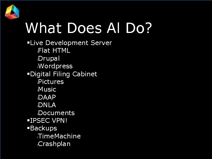 What Does Al Do? Live Development Server l. Flat HTML l. Drupal l. Wordpress