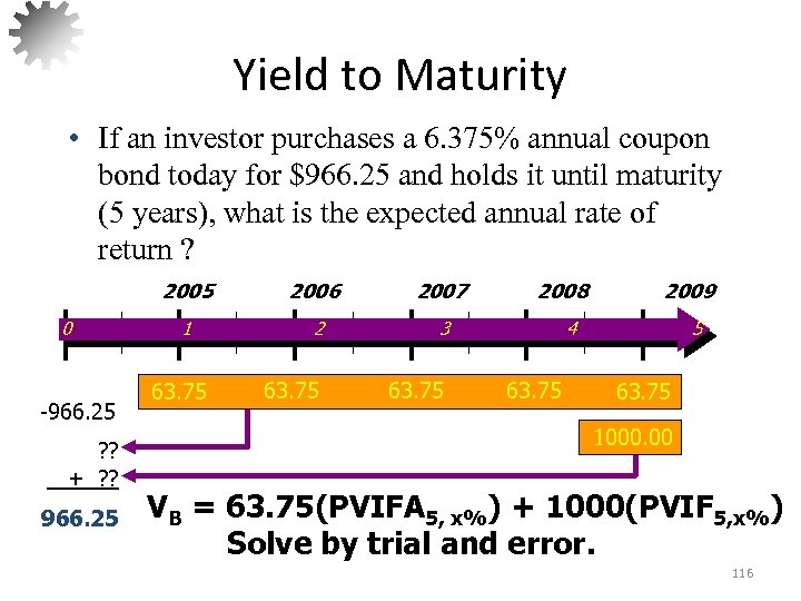 Yield to Maturity • If an investor purchases a 6. 375% annual coupon bond