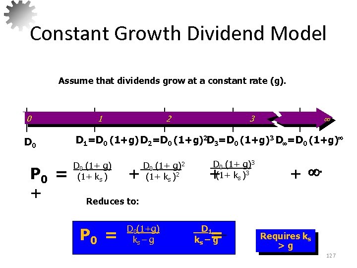 Constant Growth Dividend Model Assume that dividends grow at a constant rate (g). 0