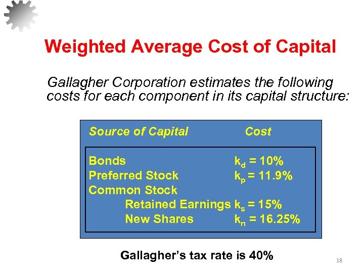 Weighted Average Cost of Capital Gallagher Corporation estimates the following costs for each component