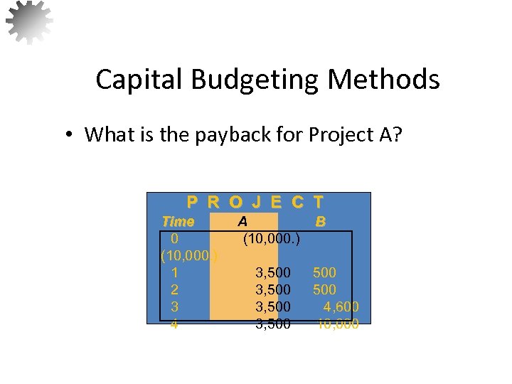 Capital Budgeting Methods • What is the payback for Project A? P R O