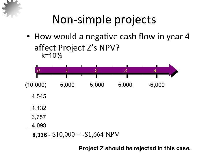 Non-simple projects • How would a negative cash flow in year 4 affect Project