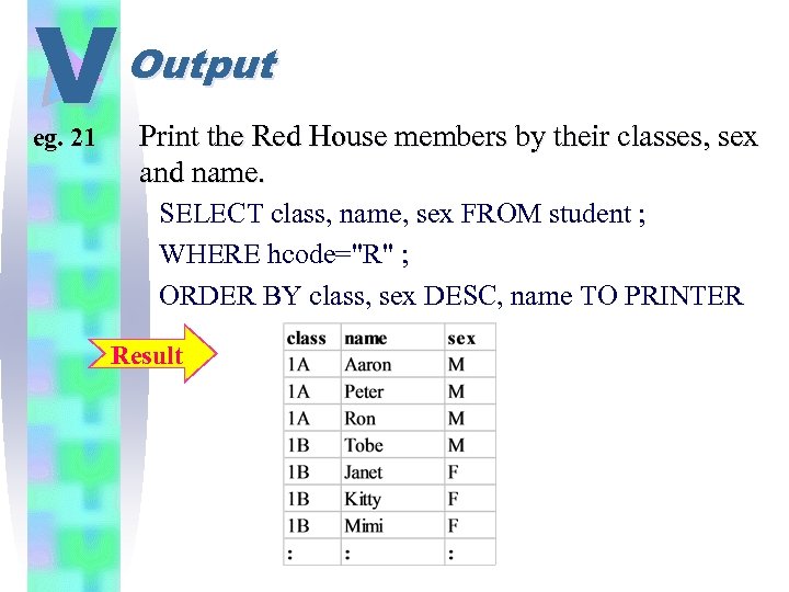 V eg. 21 Output Print the Red House members by their classes, sex and