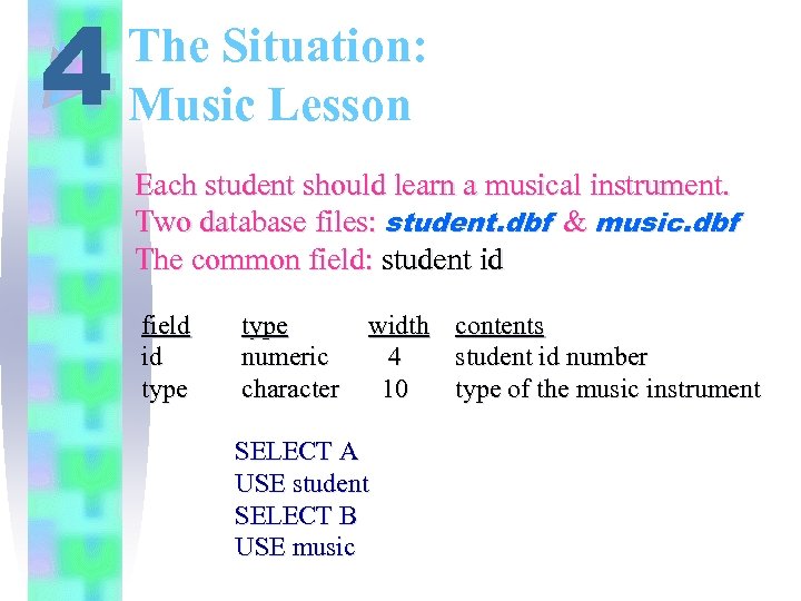 4 The Situation: Music Lesson Each student should learn a musical instrument. Two database