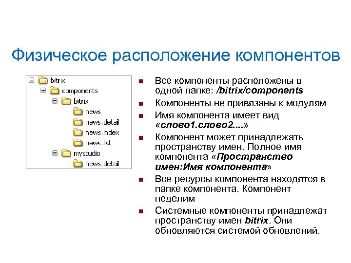 Физическое расположение компонентов Все компоненты расположены в одной папке: /bitrix/components Компоненты не привязаны к