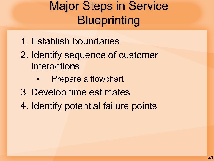 Major Steps in Service Blueprinting 1. Establish boundaries 2. Identify sequence of customer interactions
