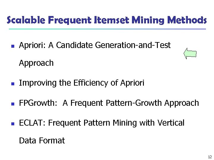 Scalable Frequent Itemset Mining Methods n Apriori: A Candidate Generation-and-Test Approach n Improving the