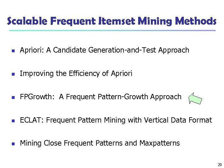 Scalable Frequent Itemset Mining Methods n Apriori: A Candidate Generation-and-Test Approach n Improving the